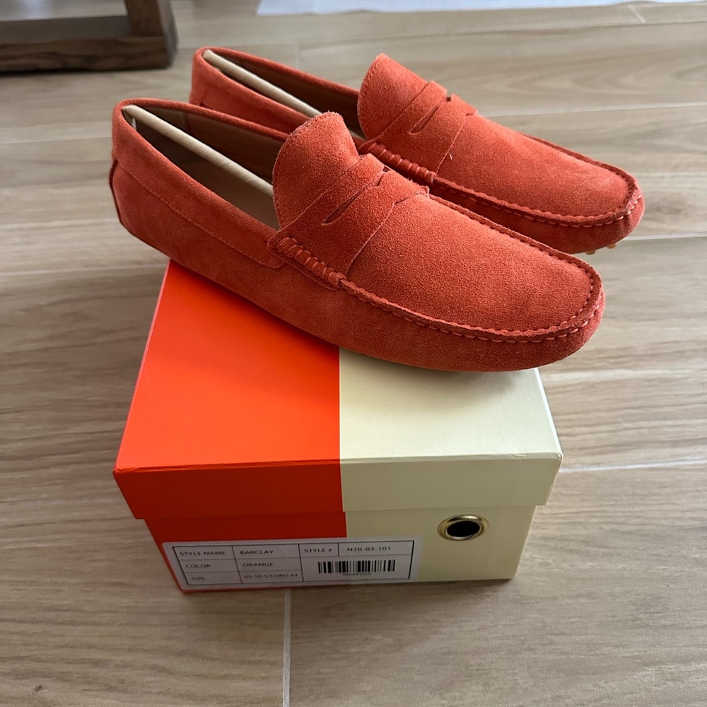 Vibrant Orange Men's Suede Loafers - Picture 2 of 8
